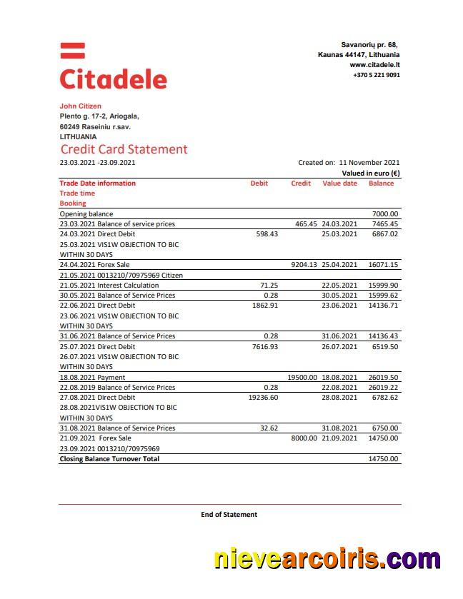 Lithuania (Litva) Citadele bank credit card statement in Excel and PDF format